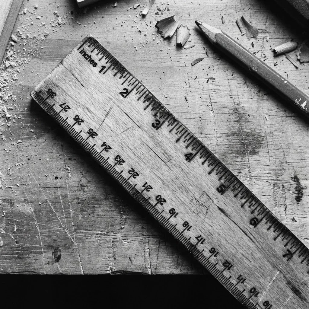 A wooden ruler marked in inches on a worn wooden surface, surrounded by wood shavings and a pencil.