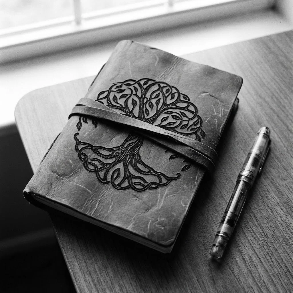 A closed leather-bound journal with a tree design on the cover and a strap, resting on a wooden surface next to a transparent pen.