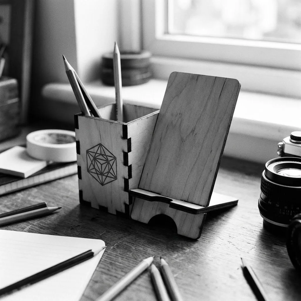 A wooden desk organizer holding pencils and pens, with a book stand and various stationery items on a wooden table near a window.