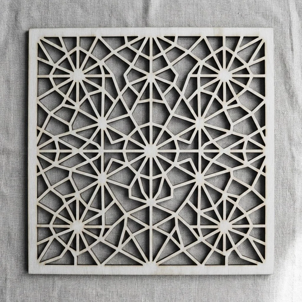 A decorative wooden panel with an intricate geometric cut-out pattern, placed on a fabric surface.