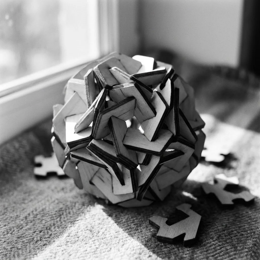 A tangled pile of wooden puzzle pieces and a partially assembled geometric puzzle ball on a carpeted floor near a window