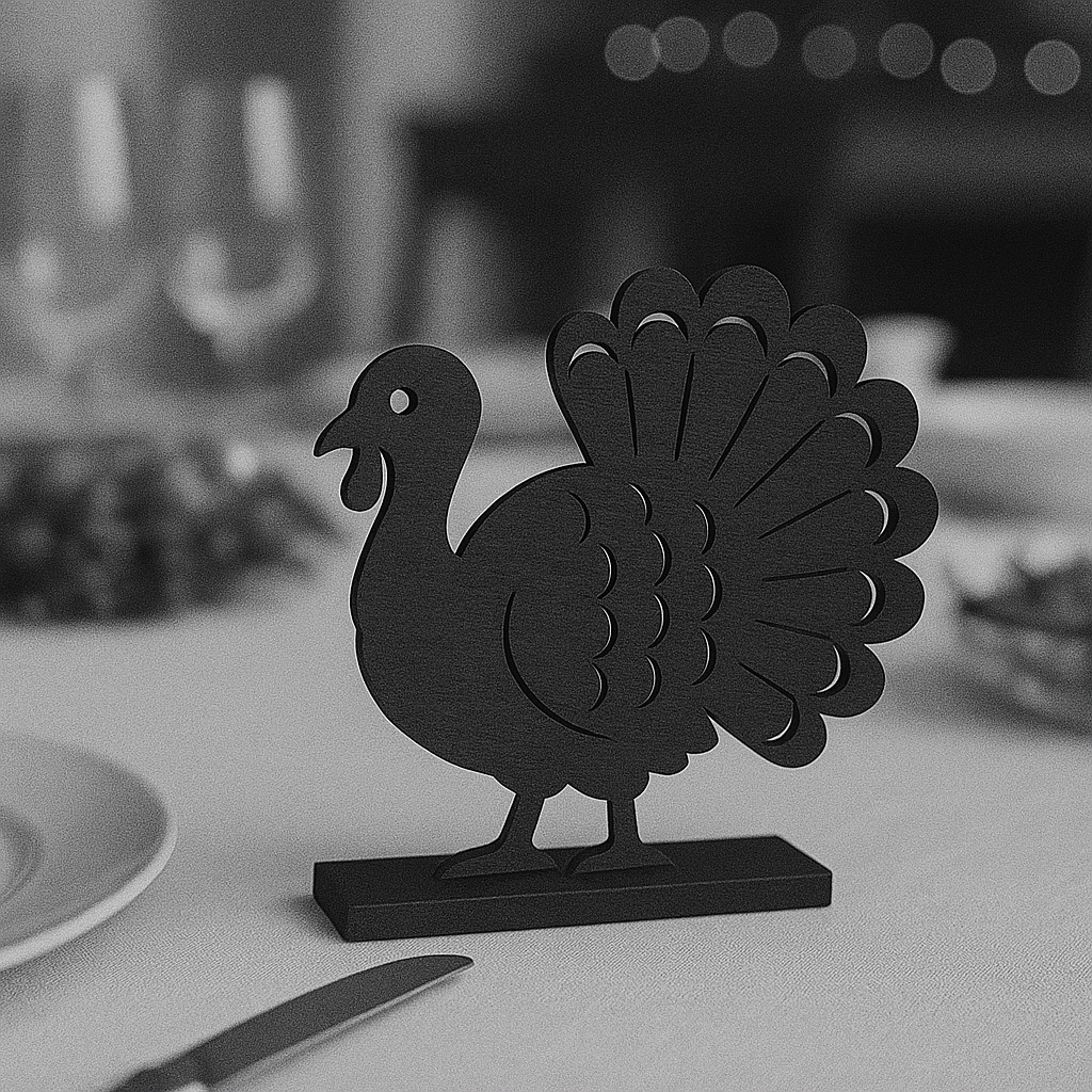 Black decorative turkey figurine on a table, likely for Thanksgiving, with blurred background including candles and plates.