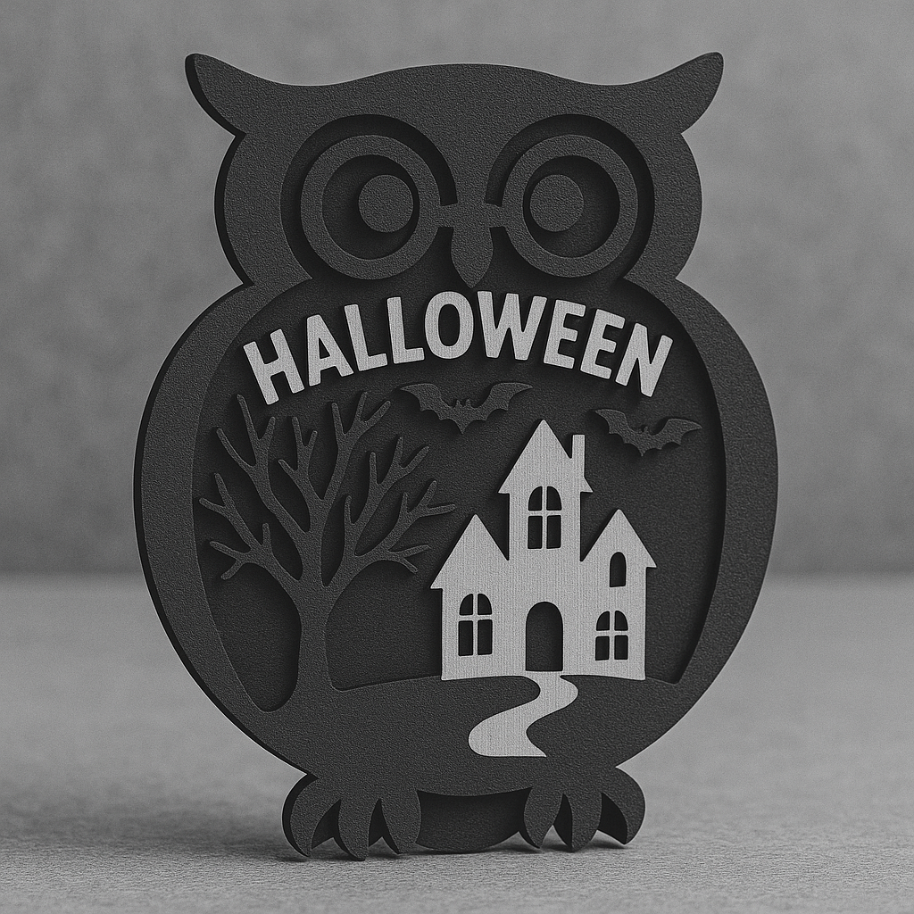 A black Halloween decoration shaped like an owl with a cutout of a haunted house, leafless tree, bats, and the word 'Halloween' at the top.