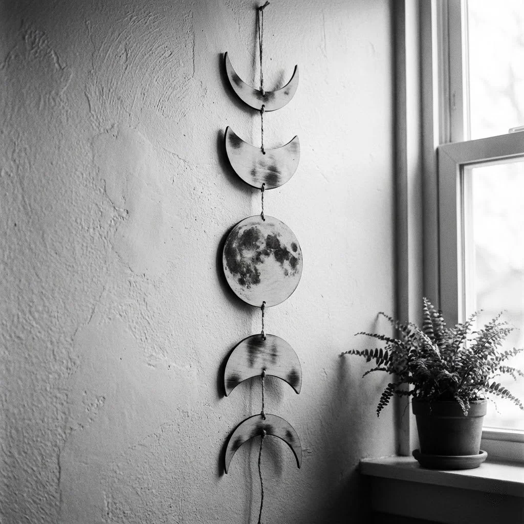 Metal moon phase wall hanging with seven pieces, hanging vertically near a window, next to a potted fern on a windowsill, in black and white.