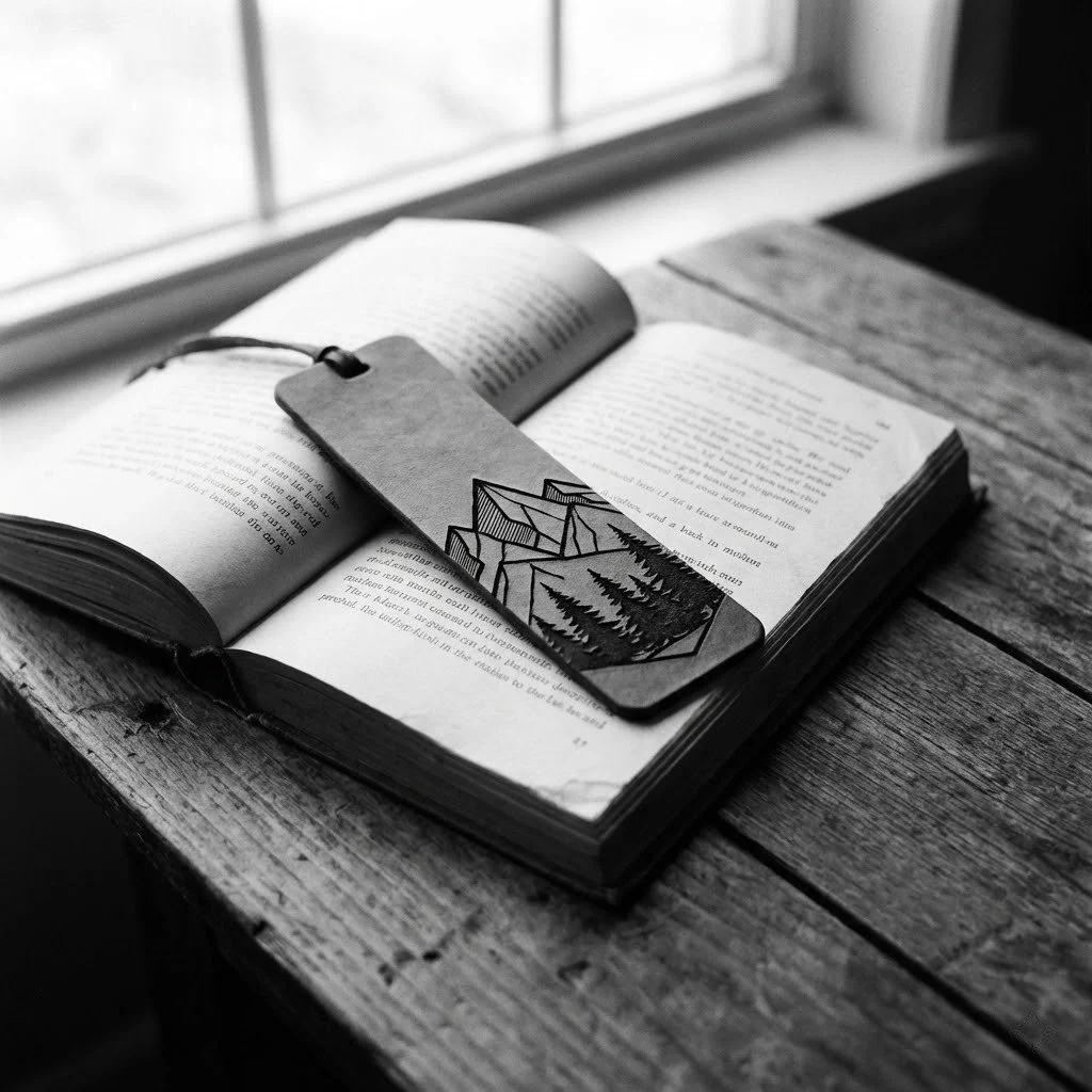 An open book on a rustic wooden table by a window, with a handmade bookmark featuring a mountain and forest scene.