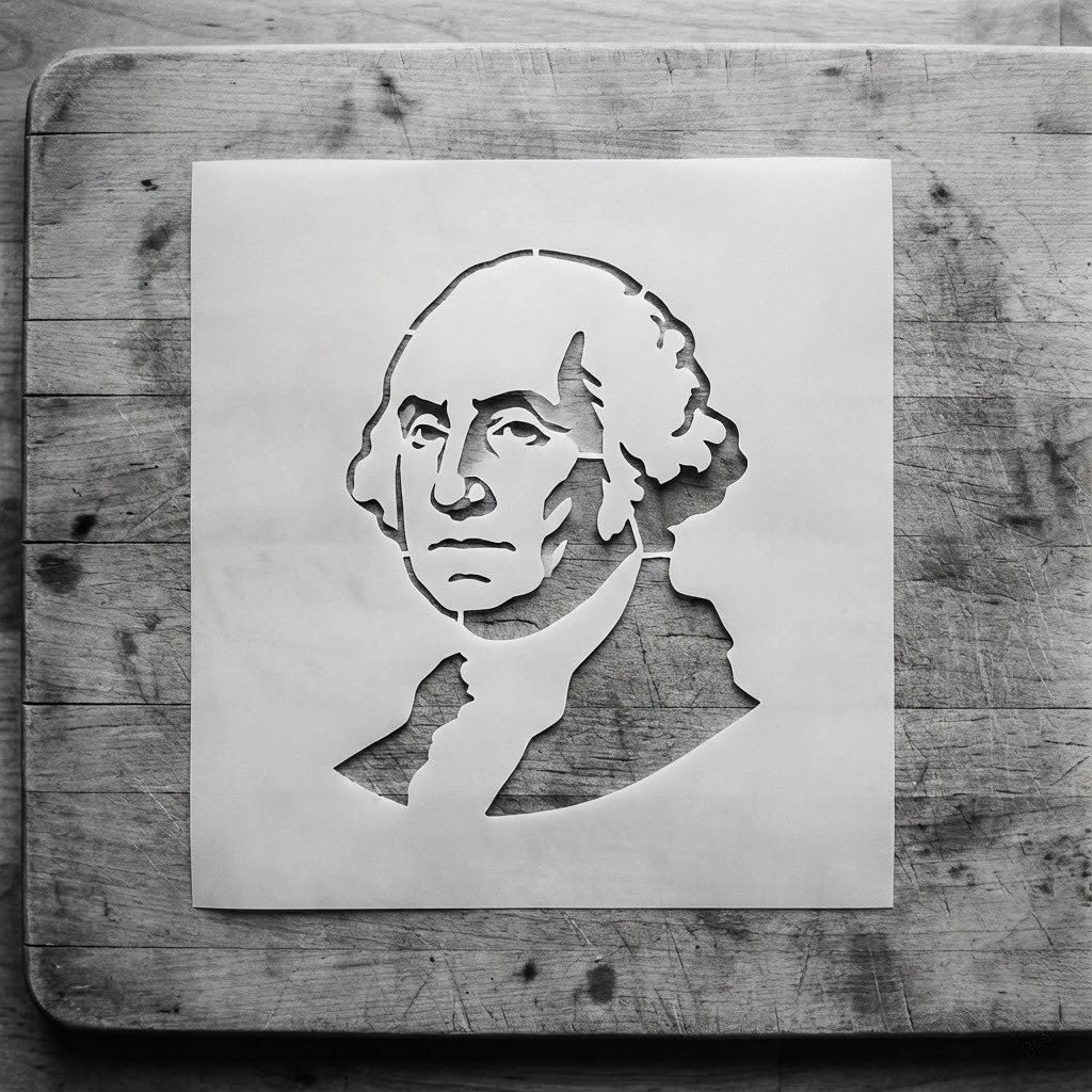 Paper cutout of Benjamin Franklin's portrait on a wooden surface.
