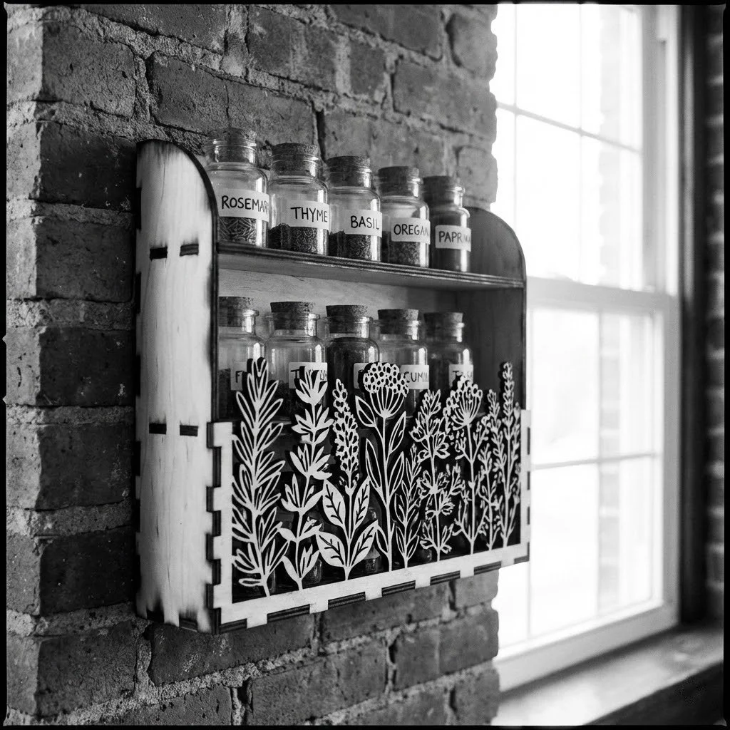 A wall-mounted spice rack made of wood with decorative botanical cutouts, holding labeled jars of herbs and spices such as rosemary, thyme, basil, oregano, and paprika, next to a brick wall and a window.