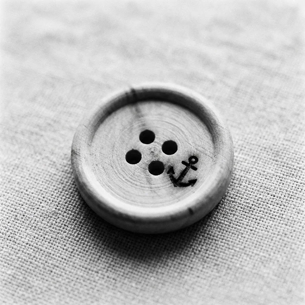 A round wooden button with four holes, placed on a textured fabric surface. The button has a small black anchor symbol printed inside.