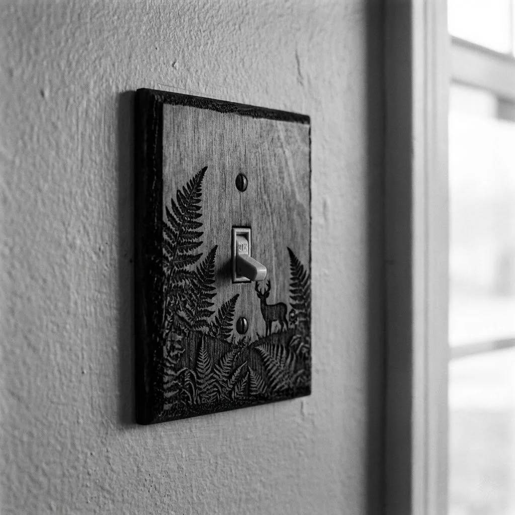 A decorative wooden light switch cover with a forest scene and elk, mounted on a textured wall near a window.
