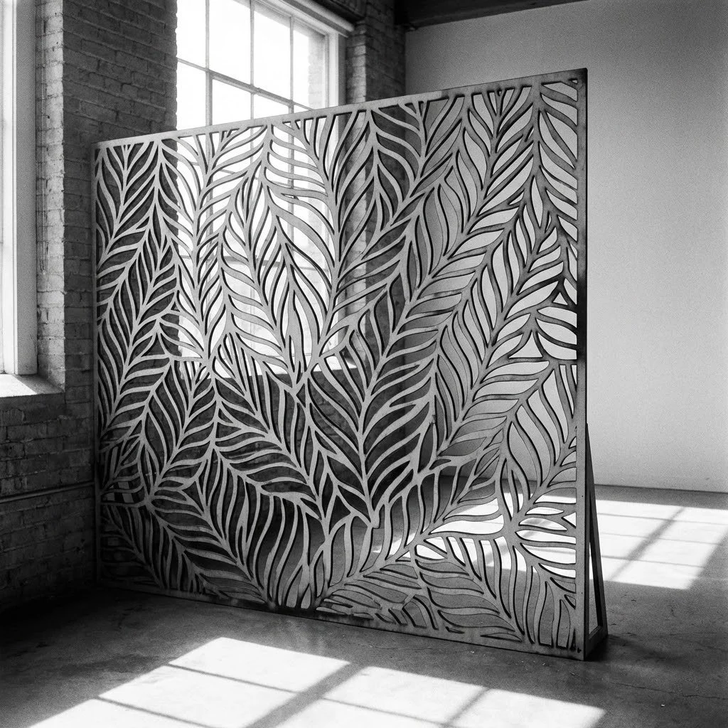 Decorative room divider with leaf pattern, placed in an industrial-style room with brick walls and large windows.