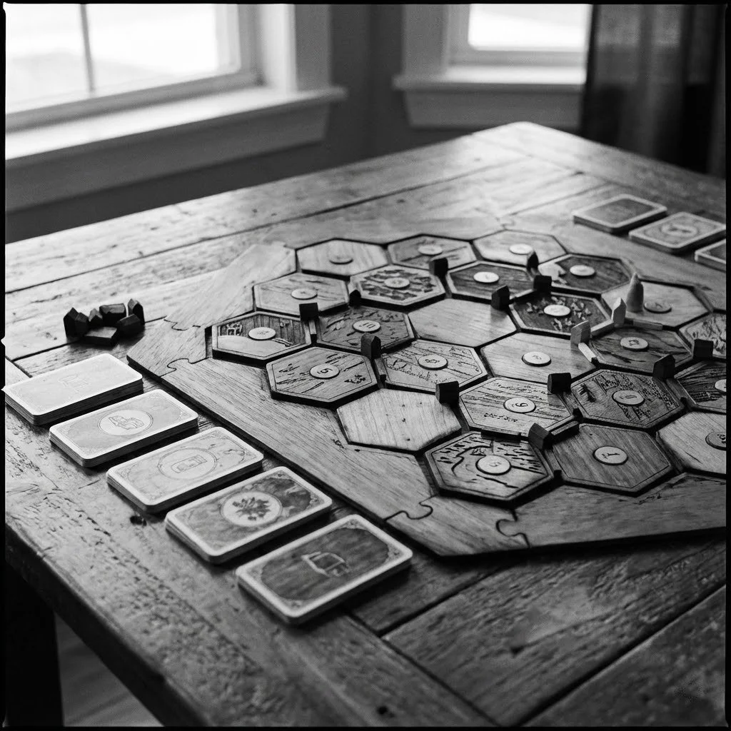 A black and white photograph of a board game setup on a rustic wooden table, with hexagonal tiles and cards laid out, near a window with natural light.