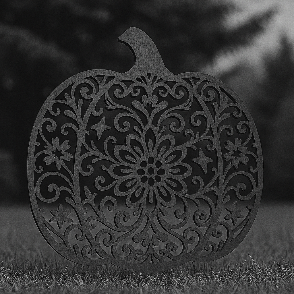 Decorative black pumpkin with intricate floral filigree design, placed outdoors on grass with a blurred dark background.