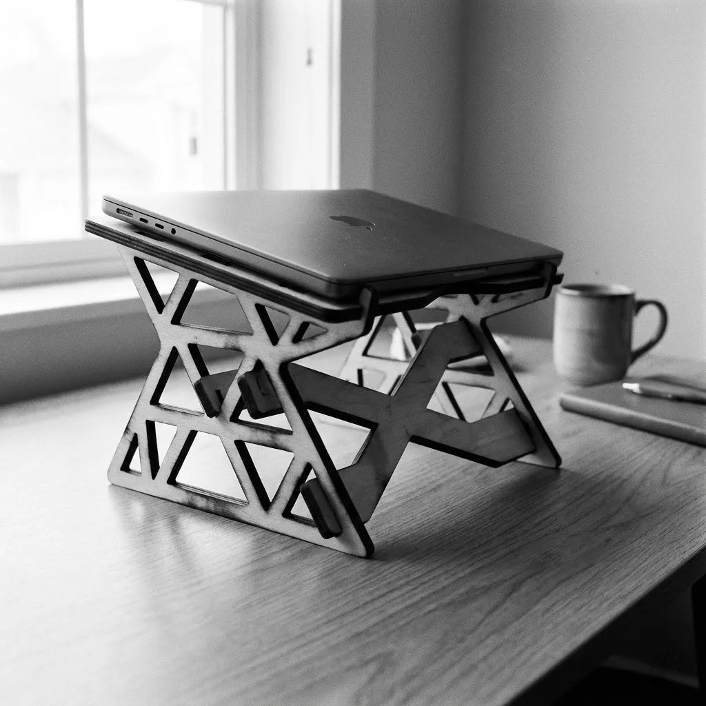 A closed laptop resting on a modern geometric desk stand on a wooden table in front of a window, with a mug and a notepad with a pen nearby.