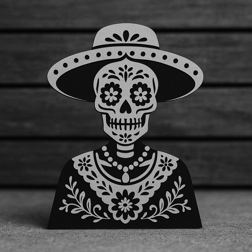 Decorative black and white paper cutout of a person with a skull face, wearing a wide-brimmed hat and floral necklace, resembling Día de los Muertos imagery.