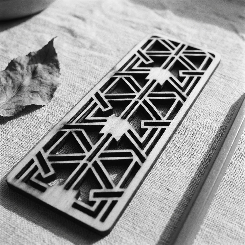 Decorative metal panel with geometric patterns, placed on a textured fabric surface, next to a dried leaf and a ruler.