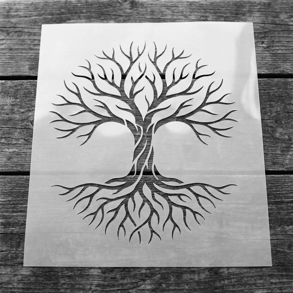A paper stencil of a tree with branches and roots, laid on a wooden surface.
