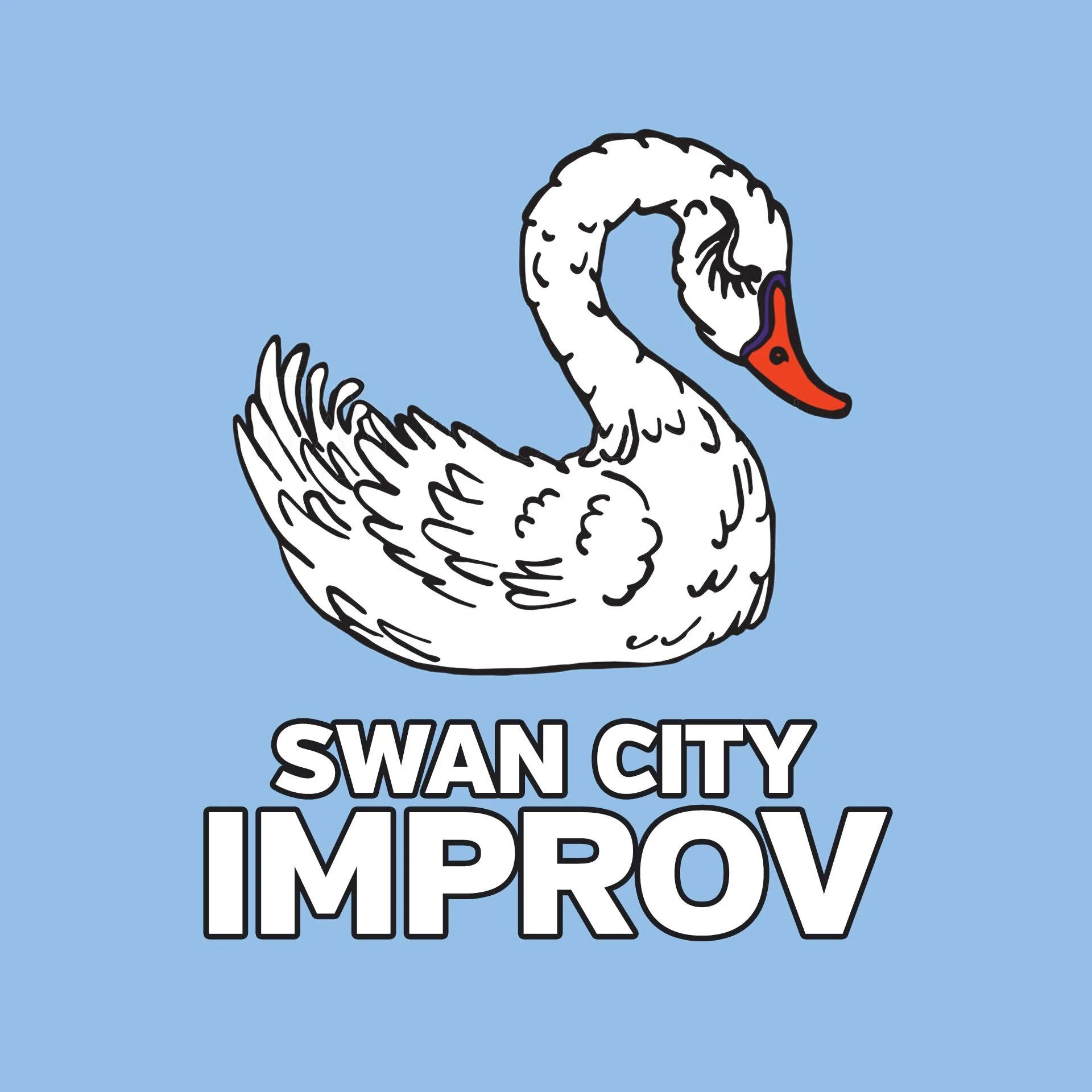 Illustration of a white swan with an orange beak on a blue background, with the text "Swan City Improv" underneath.