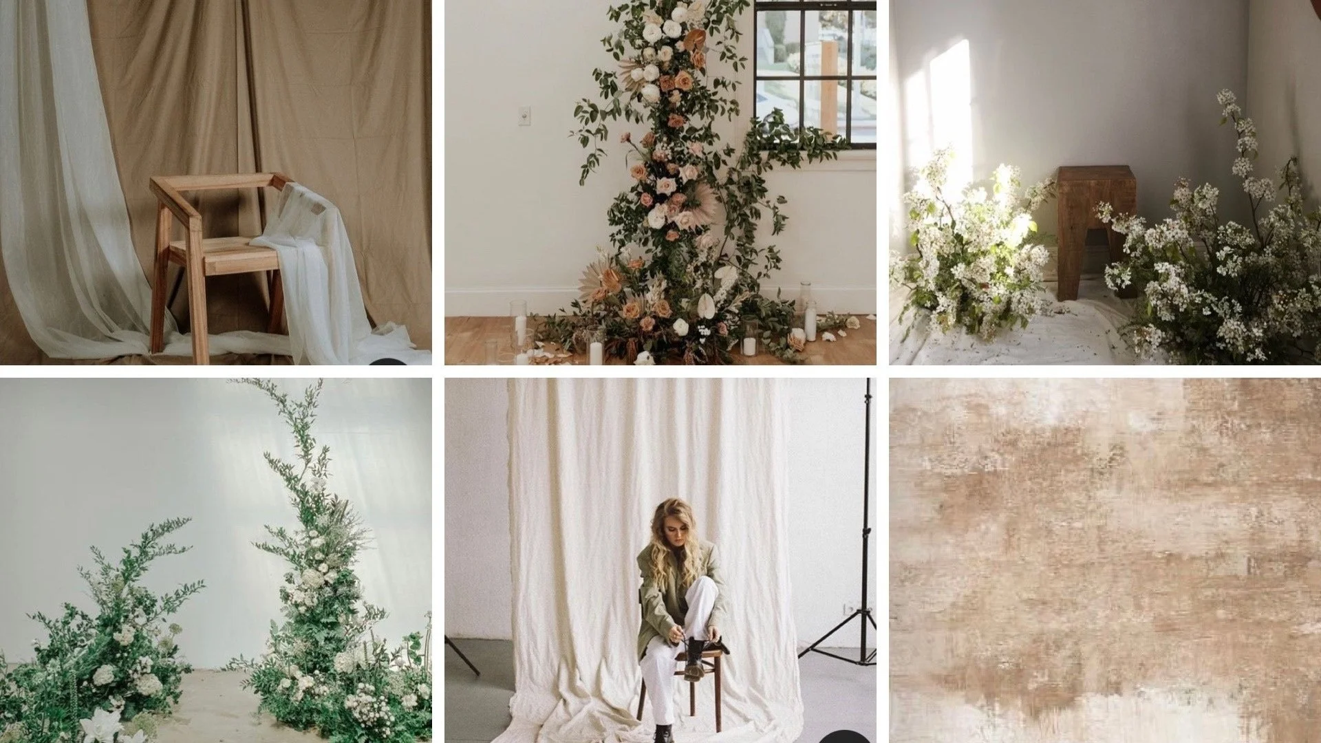 Mood board of neutral flowers and backdrops for inspiration for studio mini sessions in Minneapolis