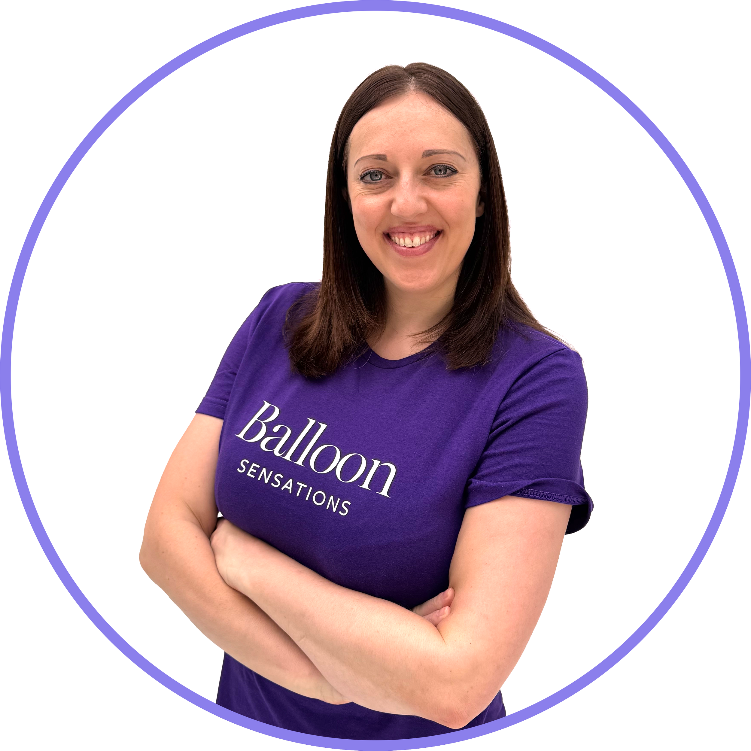 Owner of Balloon Sensations Katie Batchelor  in a purple branded top