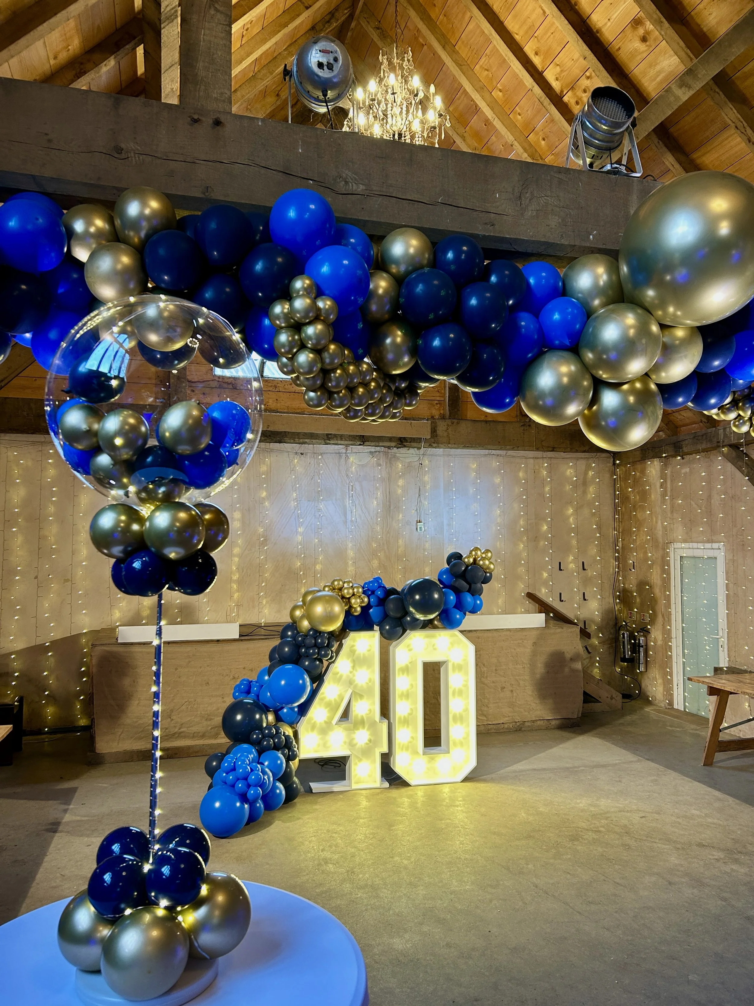 40th birthday party at a the yogurt rooms in east grinstead with blue gold and navy balloons and light up numbers