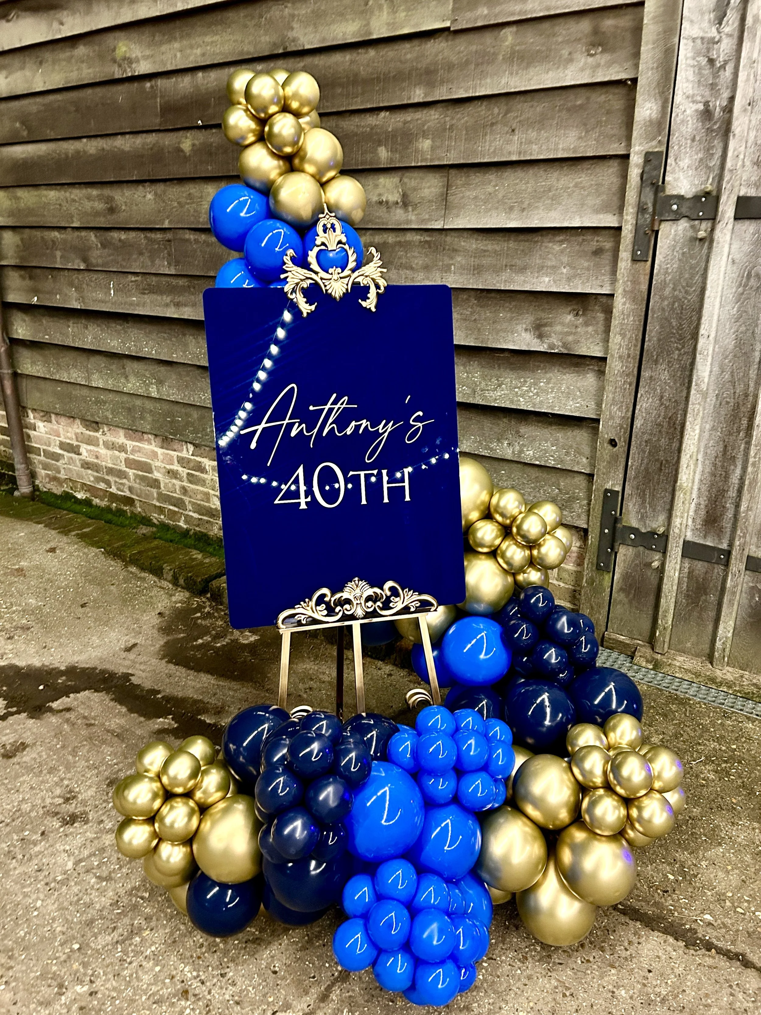40th birthday easel display with gold blue and navy balloons