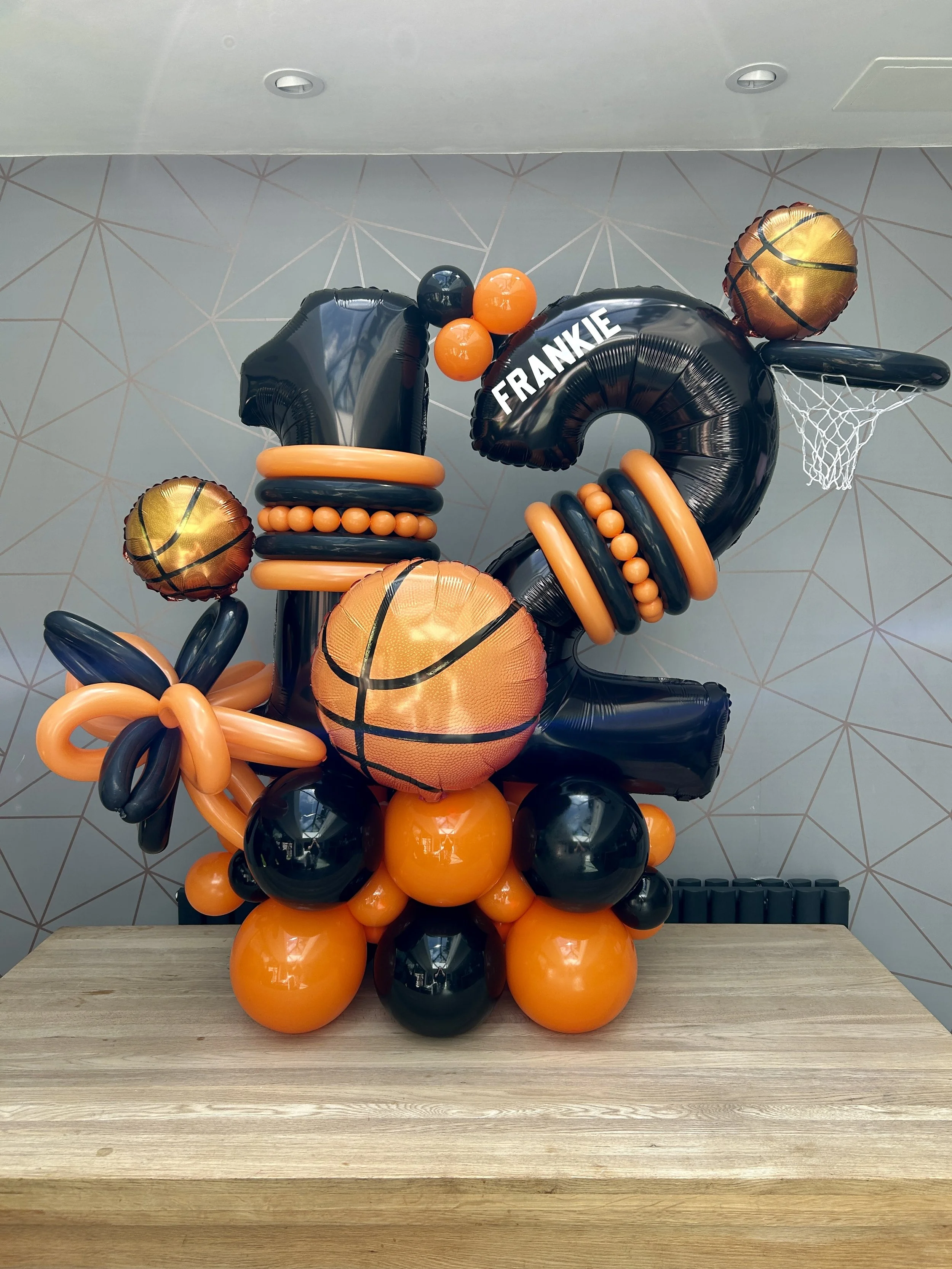 basketball themed balloon stack for a 12th birthday