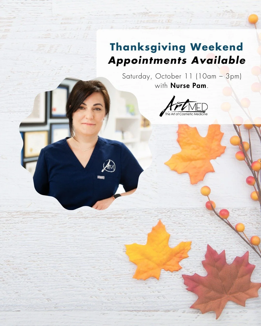 🦃 Thanksgiving Weekend Appointments Available 

Nurse Pam is opening up her schedule on Saturday, October 11 (10am &ndash; 3pm) to offer injectable treatments during the long weekend. 

Spots are limited, so reach out now to secure your appointment.