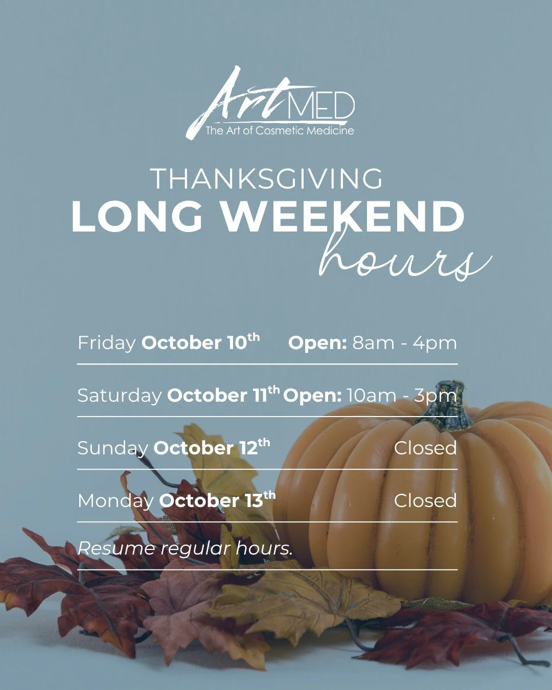 🍂 Thanksgiving Weekend Hours 🍂

We&rsquo;re here for you this holiday weekend!

✅ Open Saturday, Oct 11th: Nurse Pam is available for treatments + we are open for retail/skincare shopping
❌ Closed Monday, Oct 13th for Thanksgiving

Wishing you a wo
