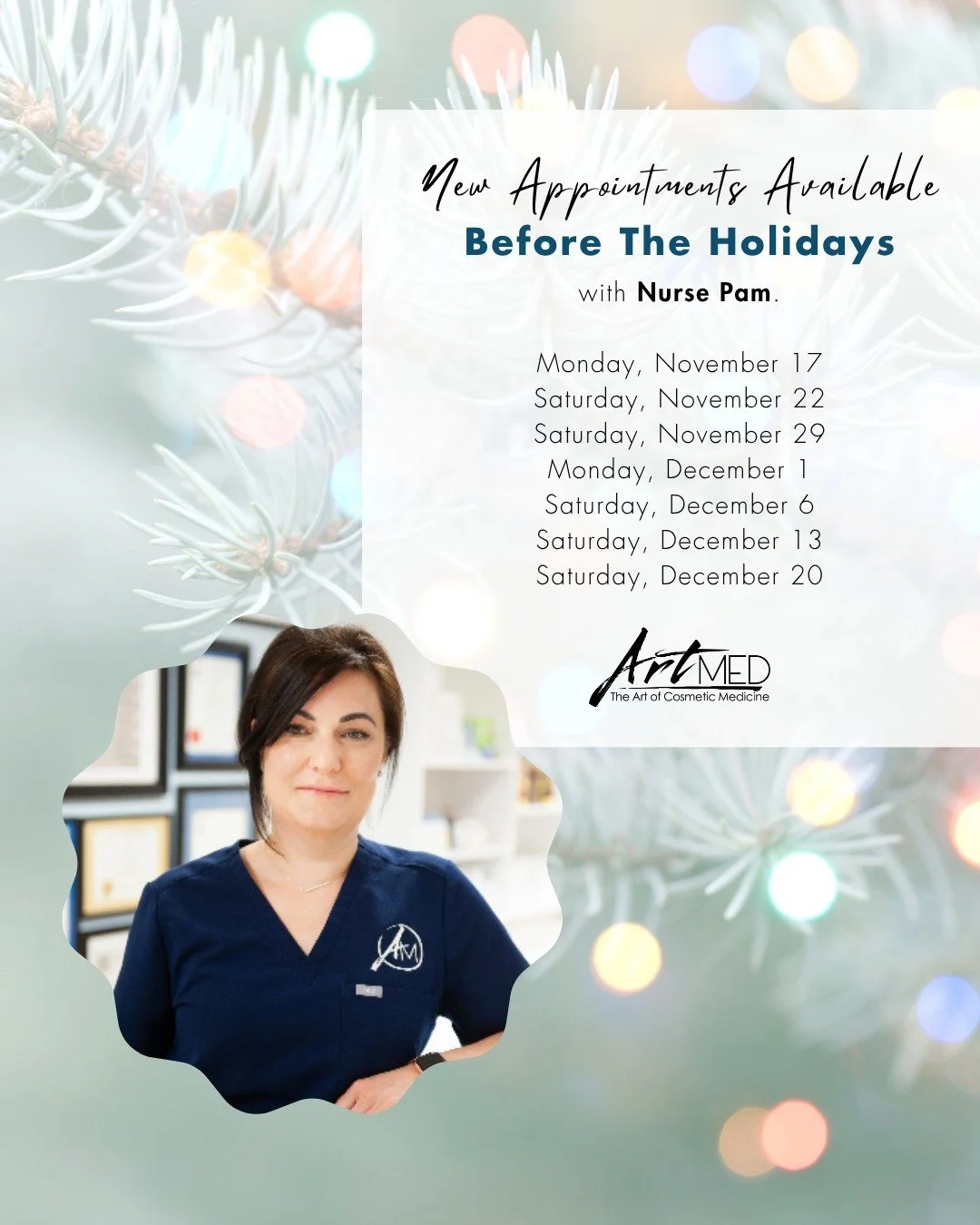 Good news just in - Nurse Pam has opened extra availability before the holidays! ✨

If you&rsquo;ve been hoping to refresh your treatments before the busy season, now&rsquo;s your chance to secure a spot. These appointments always fill fast (especial