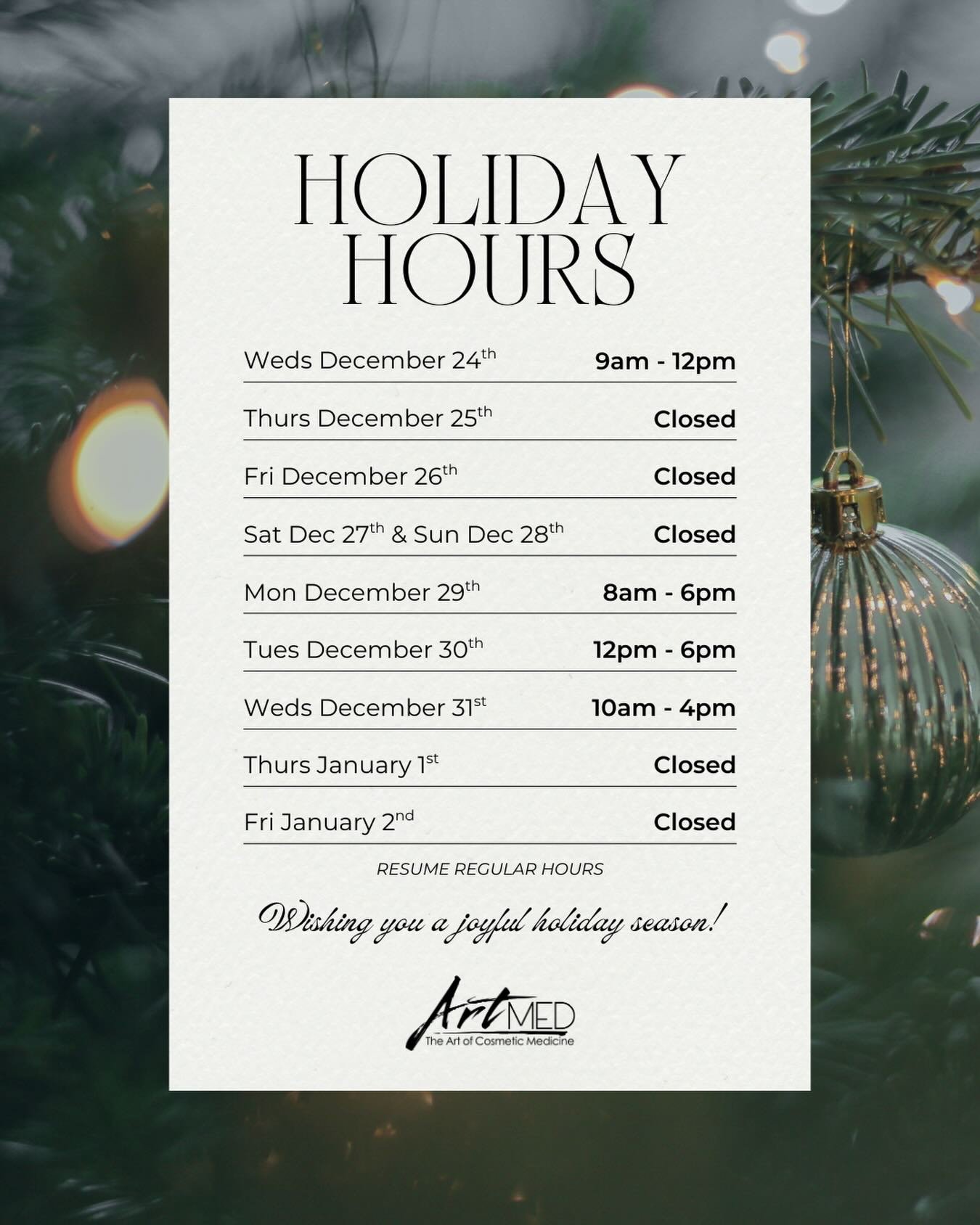 The holidays are just 3 weeks away, and we&rsquo;re sharing our Christmas and New Year&rsquo;s hours so you can plan ahead. If you&rsquo;re hoping to book an appointment before our holiday break, we recommend reaching out soon - schedules are filling