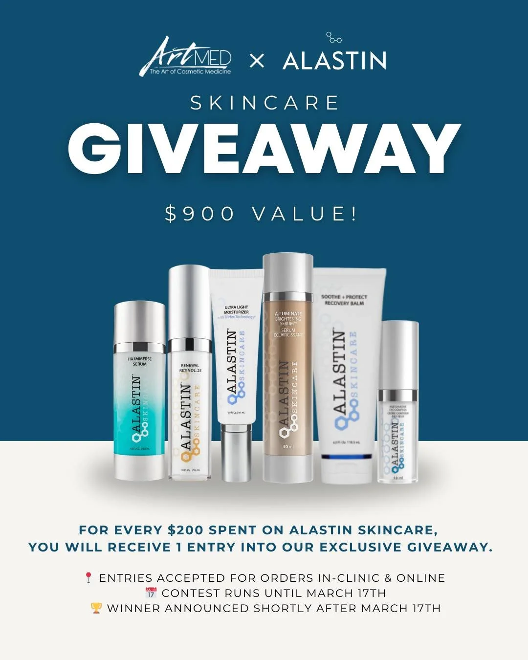 ✨ Alastin Skincare Giveaway Contest ✨

Your skincare routine just became even more rewarding.

From now until March 17th, for every $200 spent on Alastin skincare, you&rsquo;ll receive 1 entry into our exclusive giveaway. The more you spend, the more
