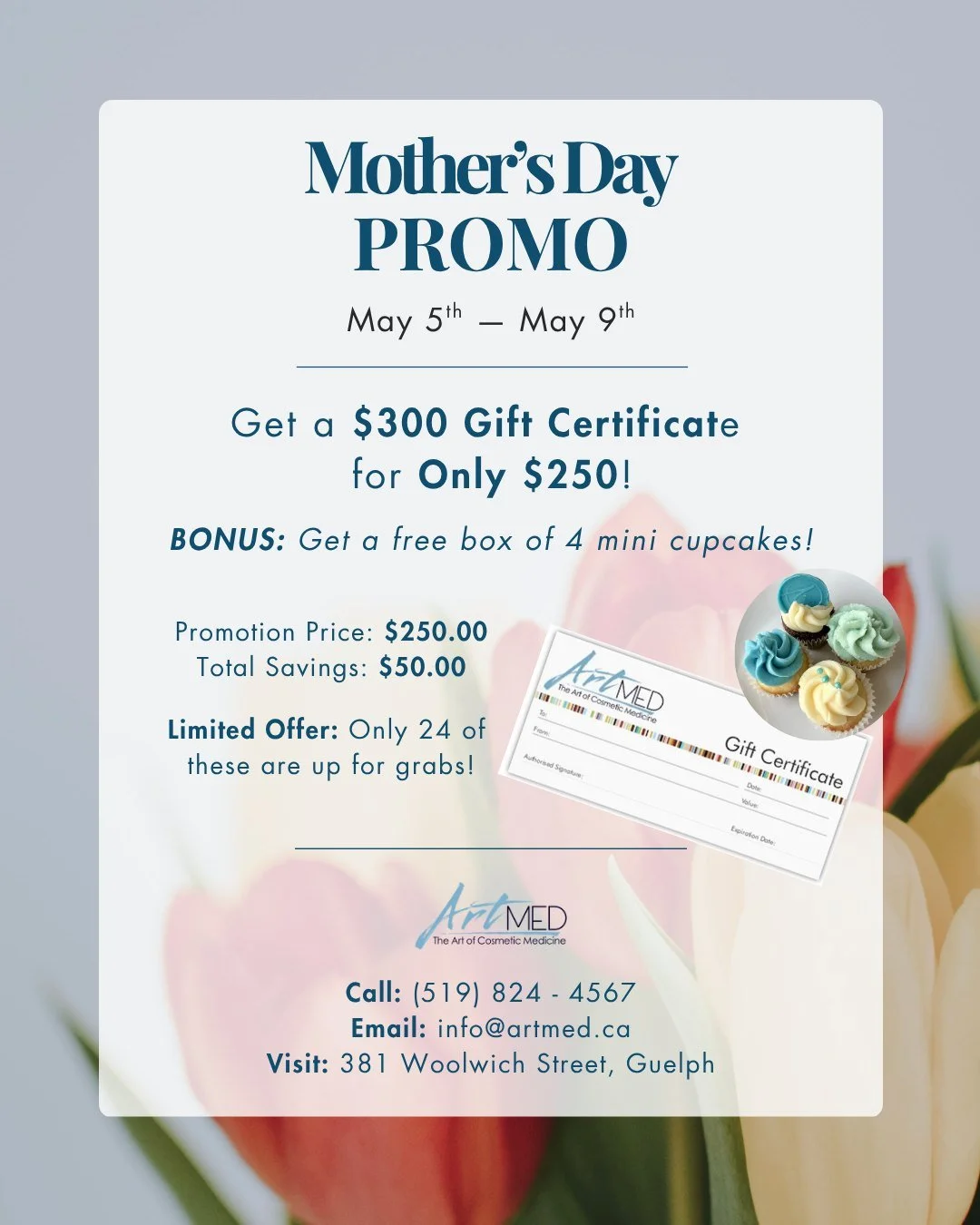 🌸 Mother&rsquo;s Day is here&hellip; and so is our limited-time gift offer! 🌸

Today through Saturday, May 9th:
Purchase a $300 ArtMed Gift Certificate for only $250

PLUS receive a FREE box of 4 mini ArtMed cupcakes 🧁

Let her choose what she lov