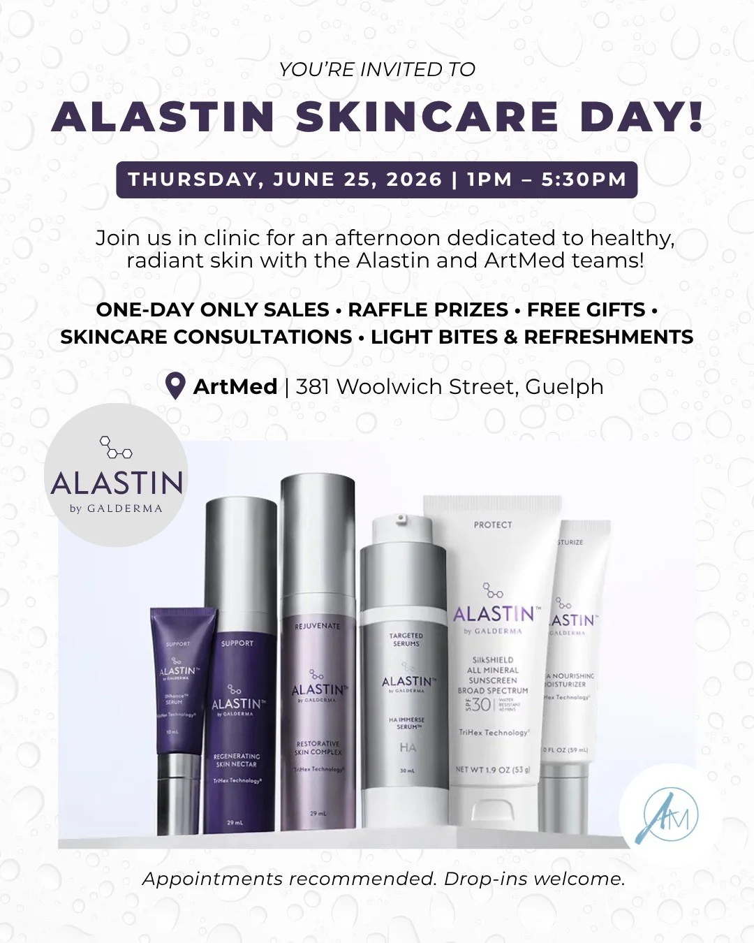 💜 Mark Your Calendars! 💜

Join us for Alastin Skincare Day at ArtMed on Thursday, June 25th from 1:00 PM &ndash; 5:30 PM!

Whether you're already an Alastin fan or looking to elevate your skincare routine, this is the perfect opportunity to meet wi