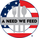 A logo featuring a gray silhouette of a wolf and tree against a backdrop resembling an American flag circle, with the text "A Need We Feed" across the center.