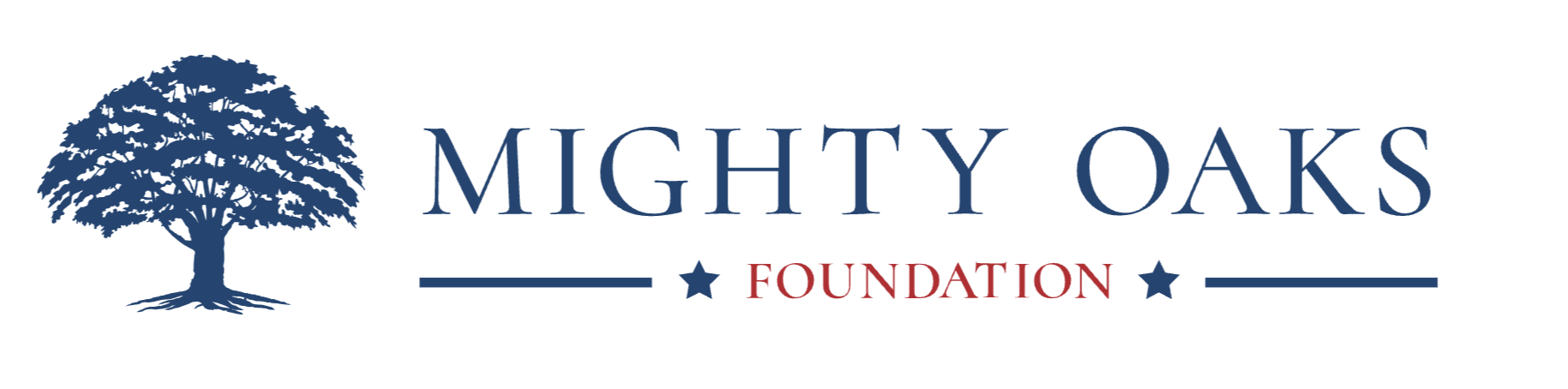 Mighty Oaks Foundation logo with a blue oak tree illustration and blue and red text.