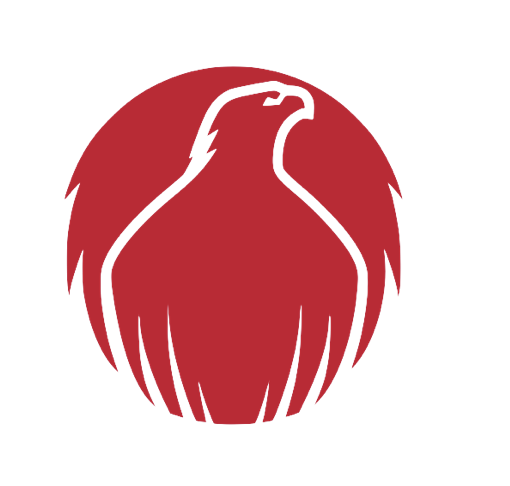 Stylized red and white bird logo in a circle