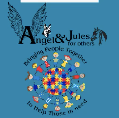 "Angel & Jules for Others" logo with winged text and animal silhouettes, featuring a circle of diverse cartoon children holding hands around a colorful puzzle piece globe, accompanied by the text "Bringing People Together to Help Those in Need."