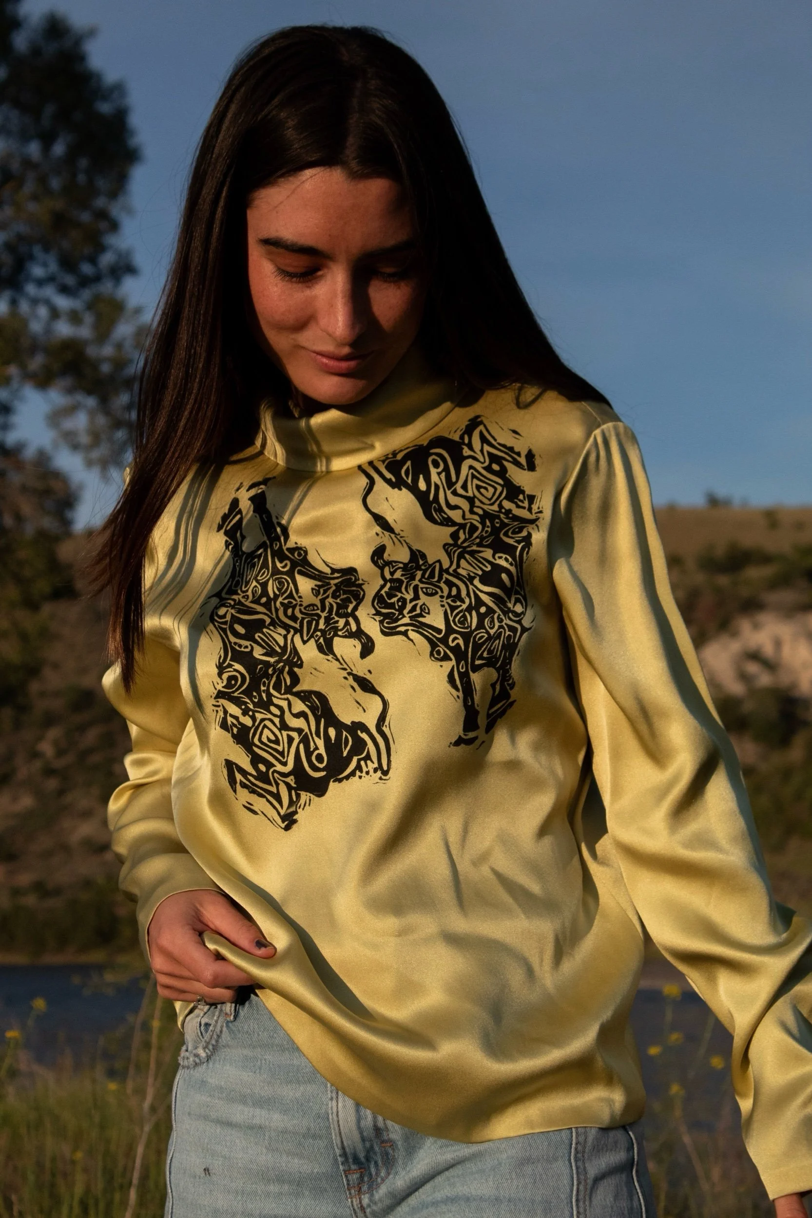 chartreuse high neck silk top