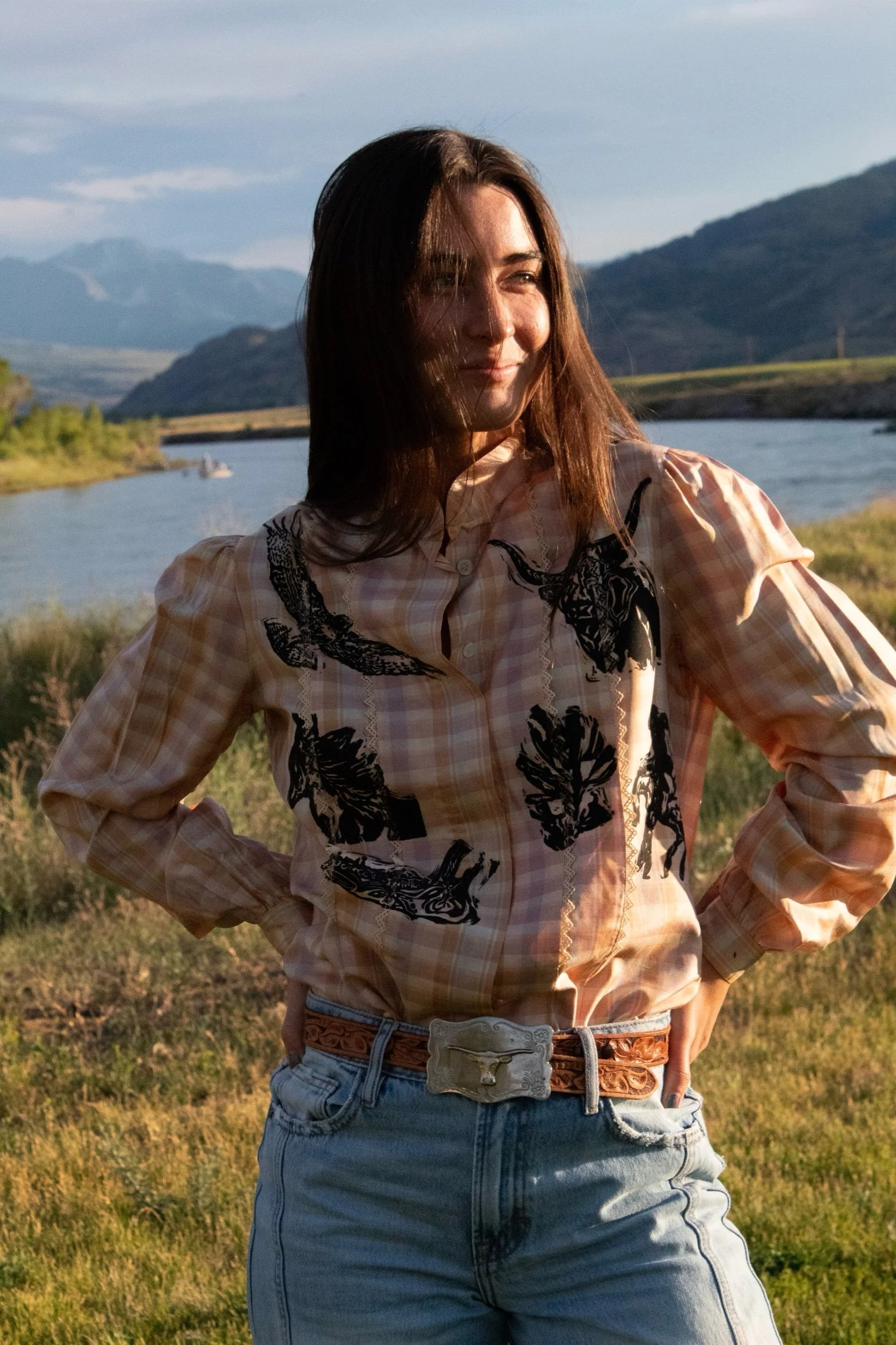plaid silk prairie blouse