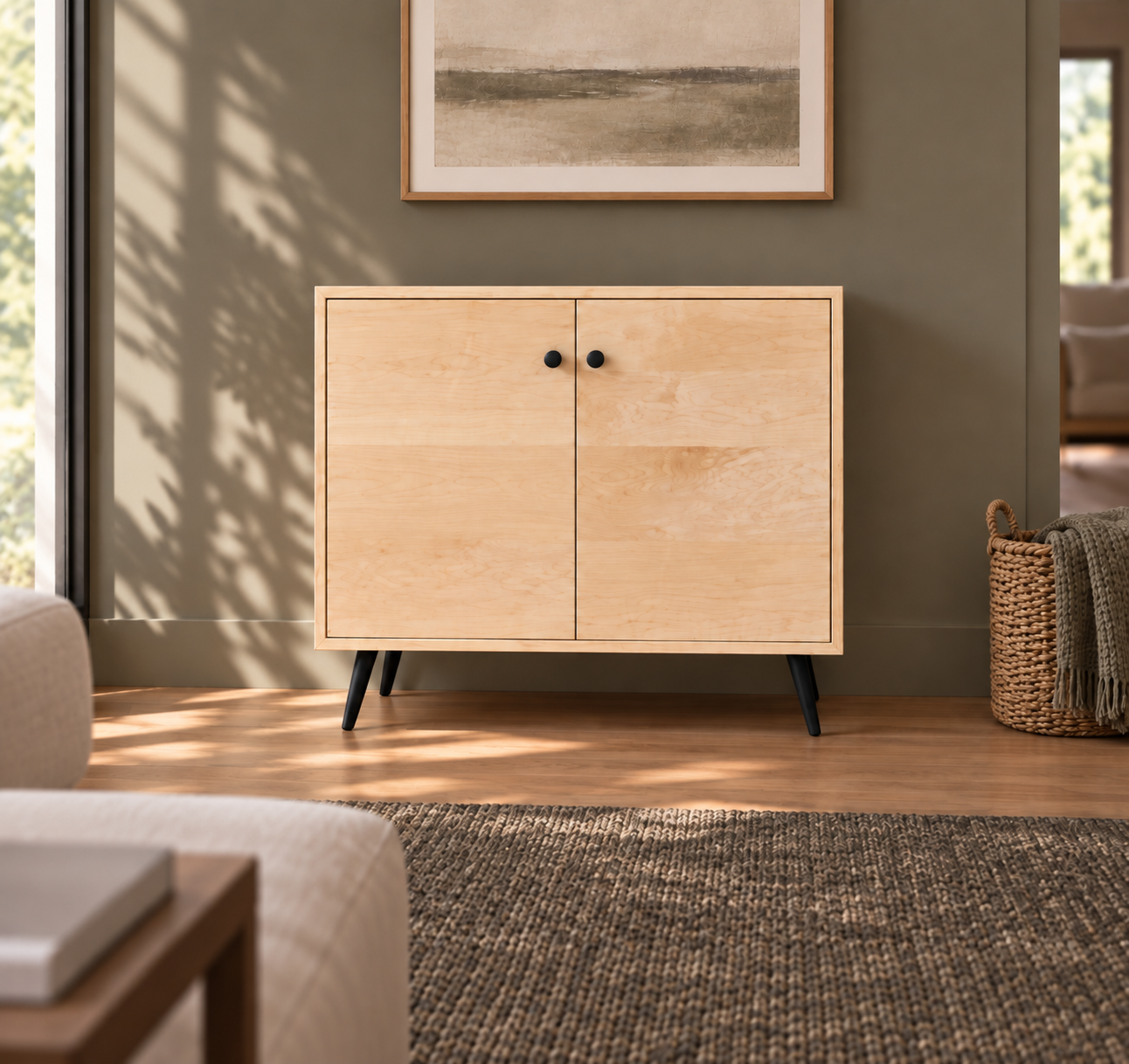 Finished maple sideboard staged in a living room