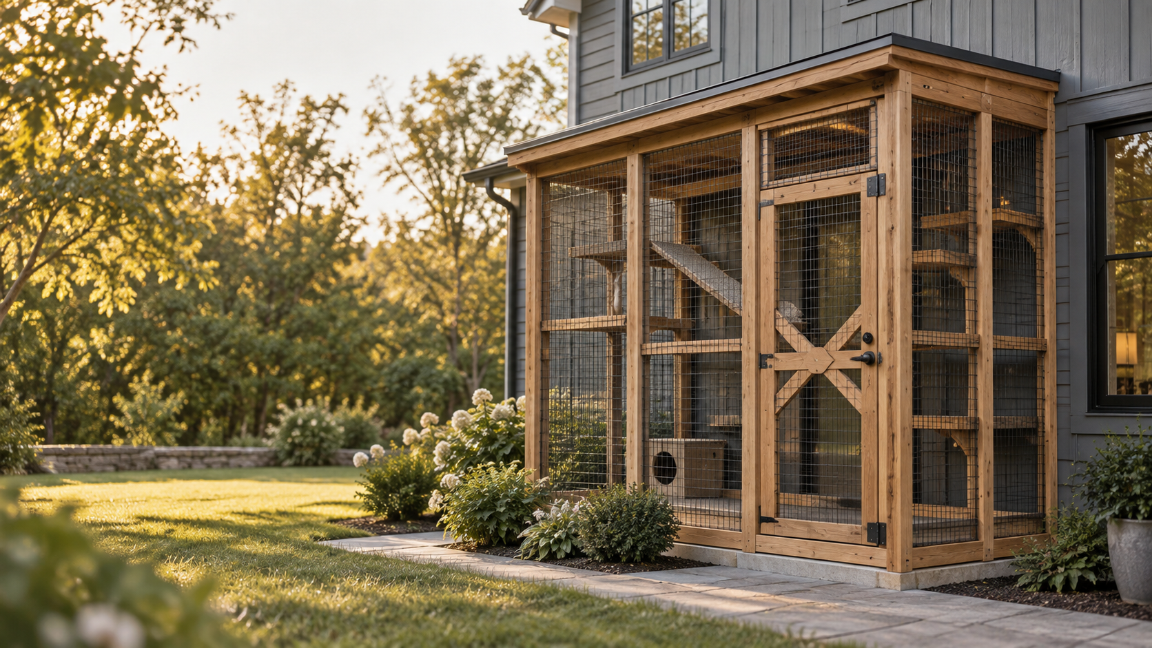 Attached catio enclosure with cedar framing