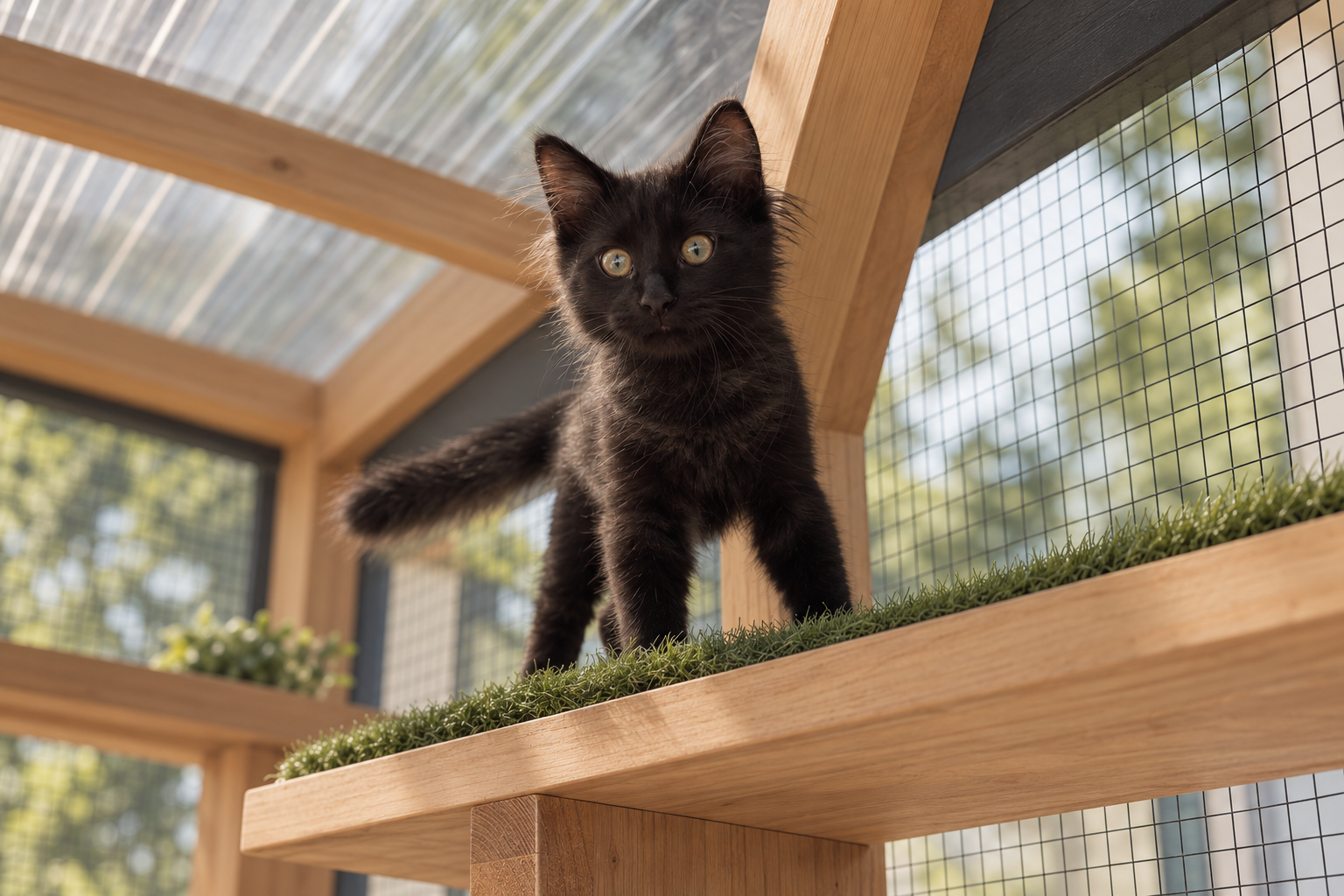 Kitten exploring a custom-built modern catio