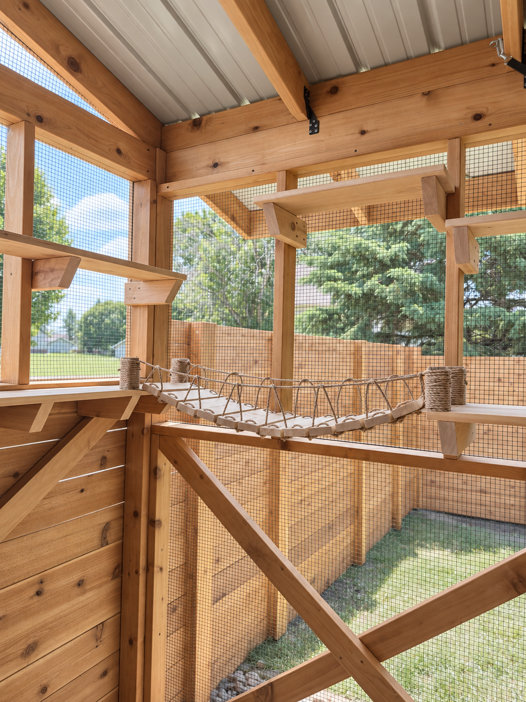 Cedar catio with elevated bridge feature for cats