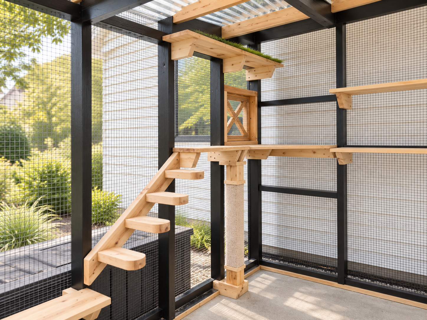 Interior view of catio with cat perches and natural light