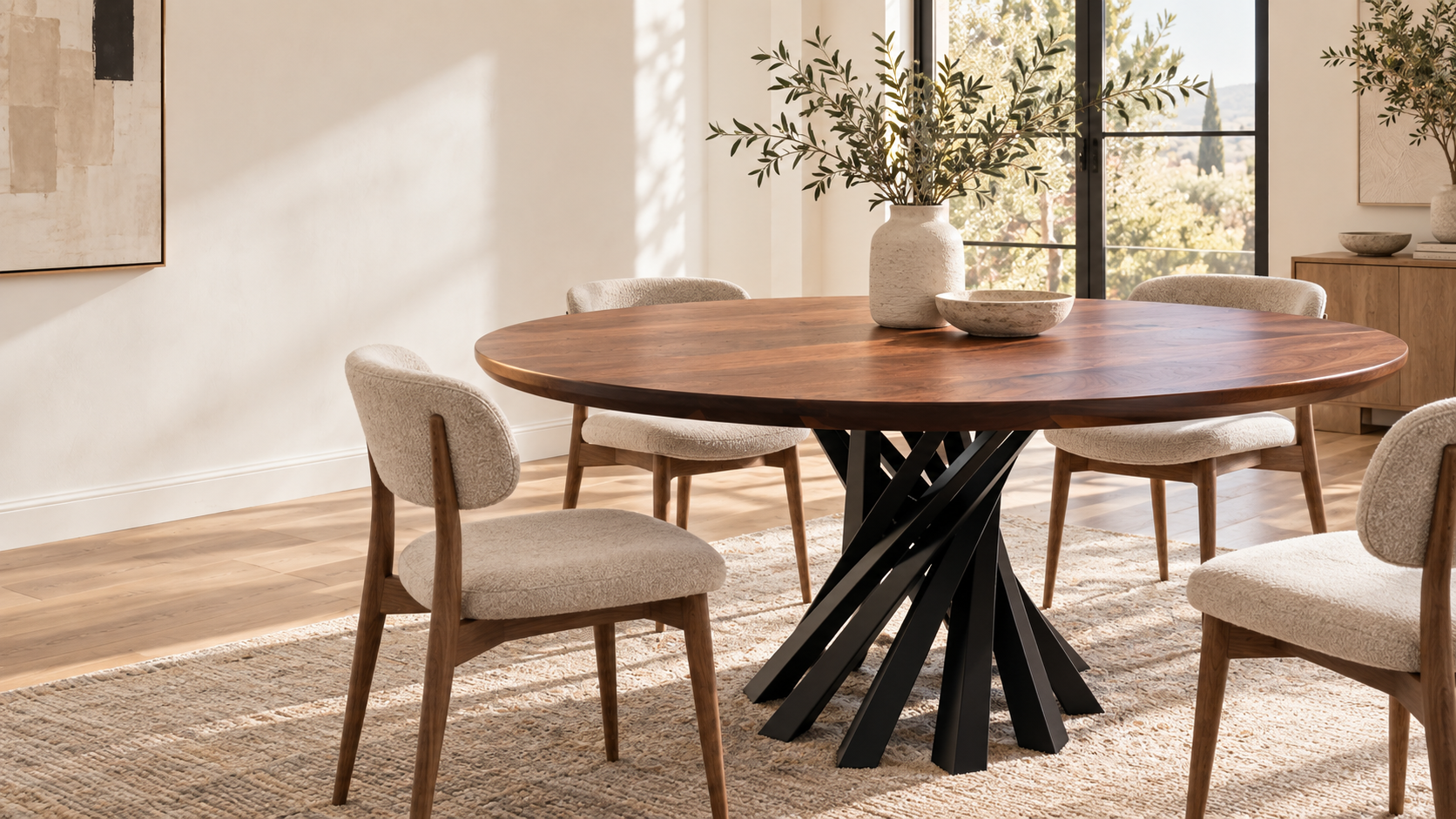 Handcrafted wood dining table styled in a modern living room