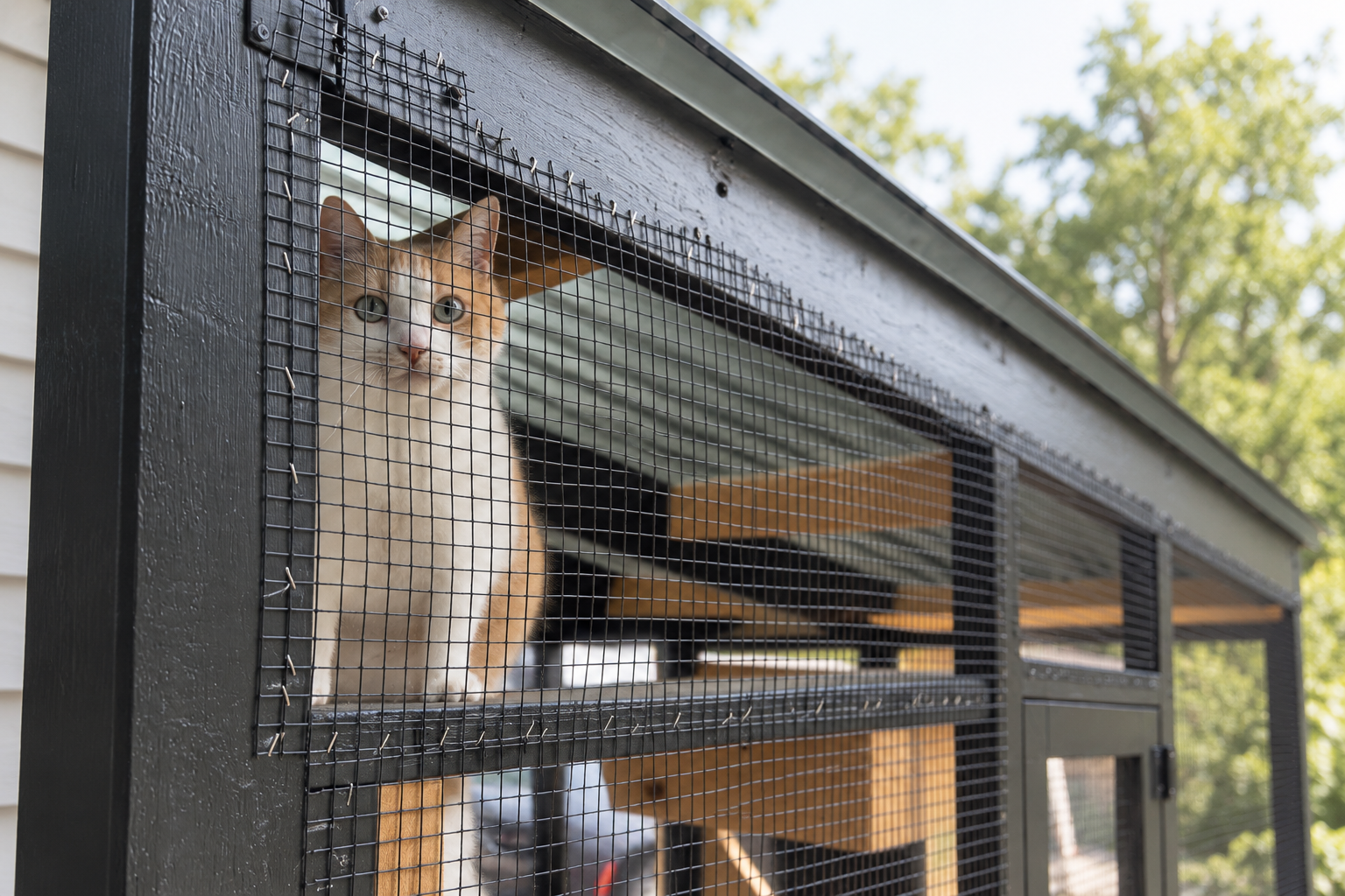 Orange and white cat relaxing in a custom catio