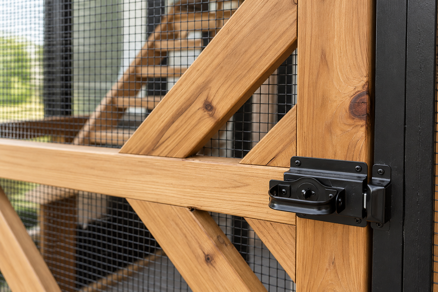 Close-up of secure catio door latch hardware