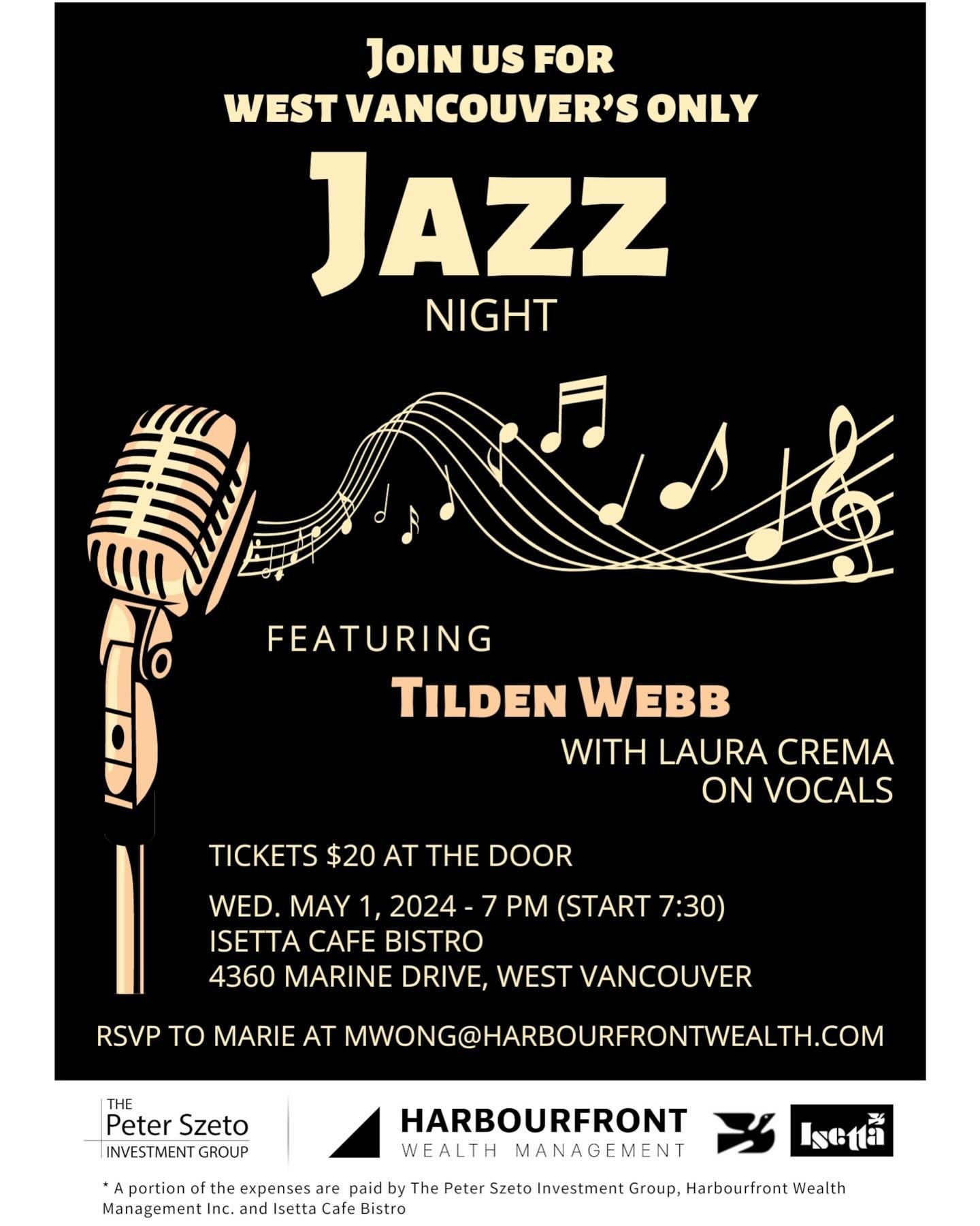 May 1st will be our 3rd year anniversary!!! We have partnered up with @pcwszeto from Habourfront Wealth Managemant to bring to you some live #jazz music featuring Tilden Webb and Laura Crema on vocals. 7pm Doors open, 7:30 start time! 
$20 a ticket a