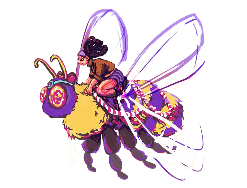 A person riding on a large, colorful bee with visible wings, antennae, and detailed body.