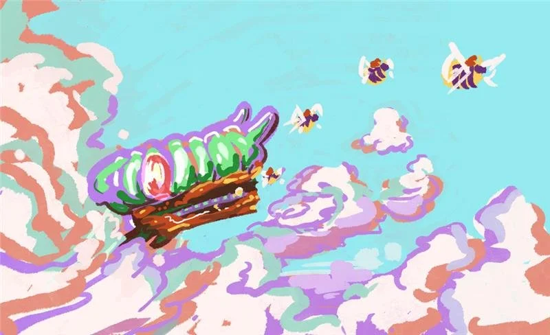 Colorful cartoon-style illustration of a birthday cake with purple frosting, surrounded by clouds and flying bees against a blue sky.